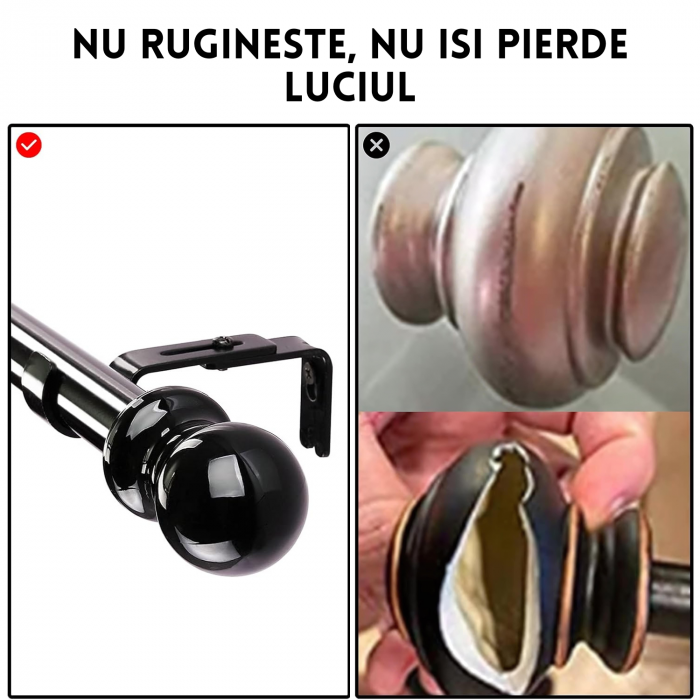 Galerie Metalica Extensibila pentru Perdele cu Inele, 76-110 cm, Bara de Perdele Neagra cu Finiale Rotunde si Suporturi Reglabile [3]