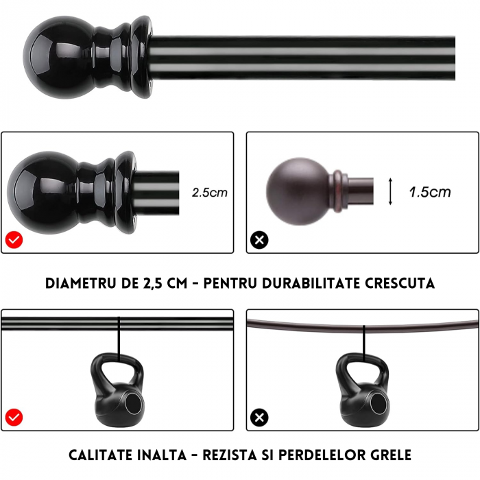 Galerie Metalica Extensibila pentru Perdele cu Inele, 76-110 cm, Bara de Perdele Neagra cu Finiale Rotunde si Suporturi Reglabile [2]