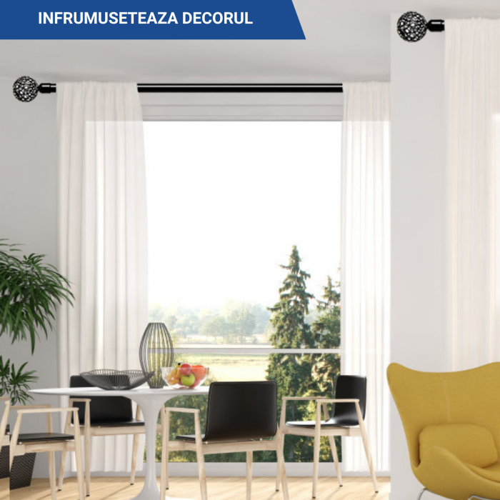 Galerie Metalica Extensibila pentru Perdele cu Inele, 76-113 cm, Bara de Perdele Neagra cu Finiale Decorative si Suporturi Reglabile [4]