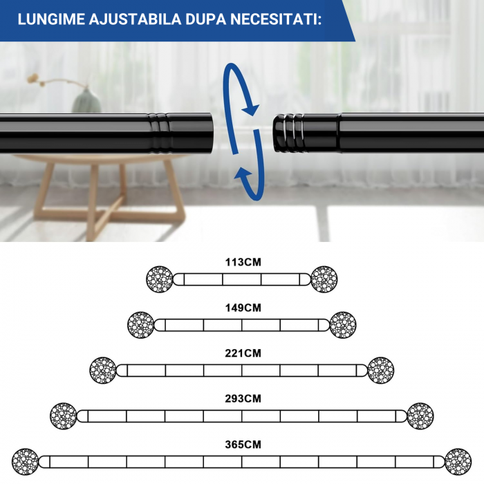 Galerie Metalica Extensibila pentru Perdele cu Inele, 76-113 cm, Bara de Perdele Neagra cu Finiale Decorative si Suporturi Reglabile [7]
