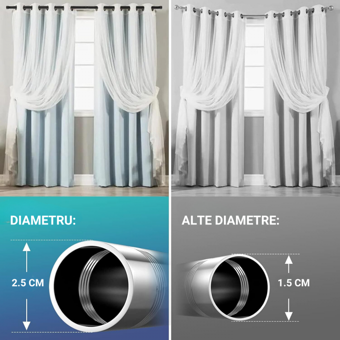Galerie Metalica Extensibila pentru Perdele cu Inele, 76-116 cm, Diametru 2.5 cm, Bara de Perdele Argintiu cu Negru cu Finiale in Buton si Suporturi Reglabile [2]