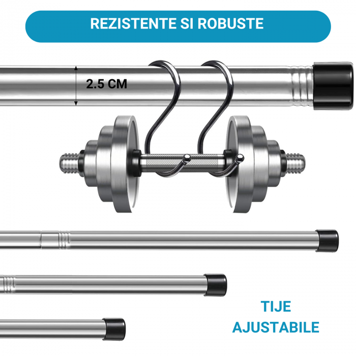 Galerie Metalica Extensibila pentru Perdele cu Inele, 76-116 cm, Diametru 2.5 cm, Bara de Perdele Argintiu cu Negru cu Finiale in Buton si Suporturi Reglabile [8]