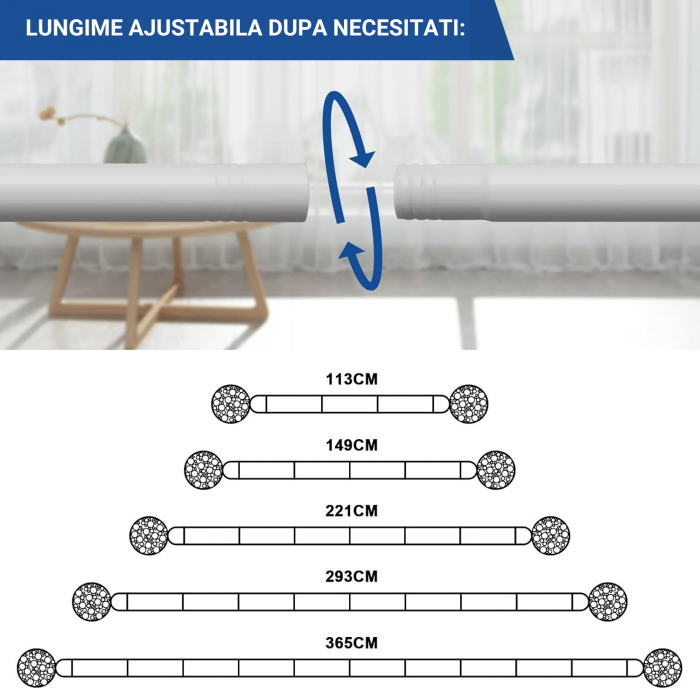 Galerie Metalica Extensibila pentru Perdele cu Inele, 76-149 cm, Bara de Perdele Alba cu Finiale Decorative si Suporturi Reglabile [7]