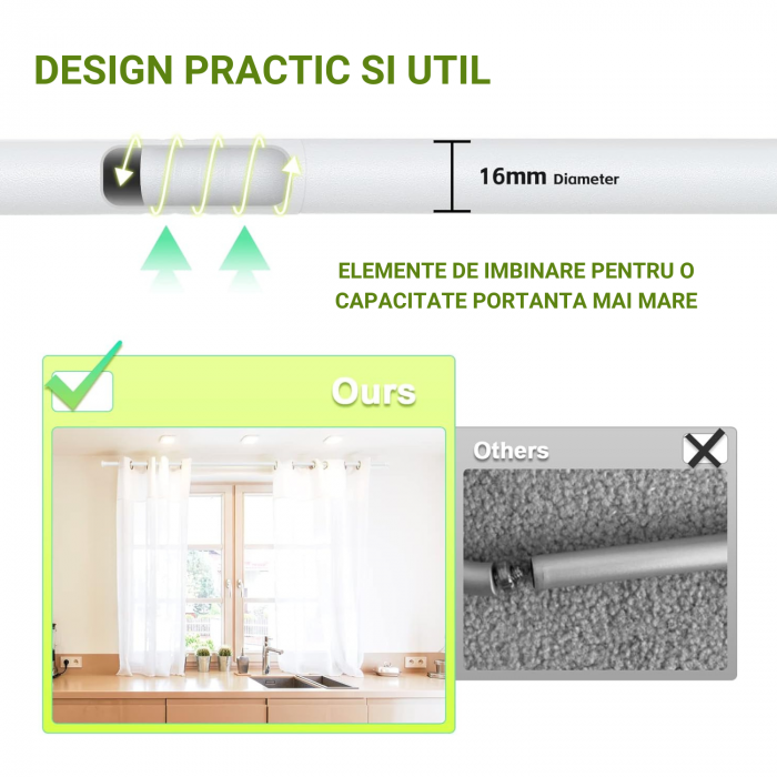 Galerie Metalica Extensibila pentru Perdele cu Inele, 76-152 cm, Bara de Perdele Alba, Diametru 1.6 cm [2]