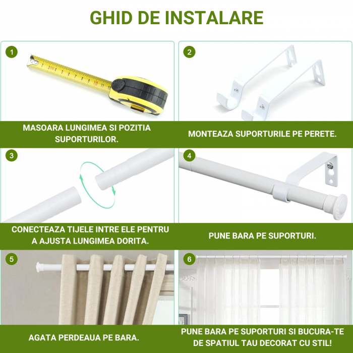 Galerie Metalica Extensibila pentru Perdele cu Inele, 76-152 cm, Bara de Perdele Alba, Diametru 1.6 cm [3]