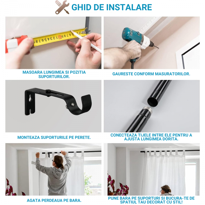 Galerie Metalica Extensibila pentru Perdele cu Inele, 76-157 cm, Bara de Perdele Argintie cu Finiale si Suporturi Reglabile [9]