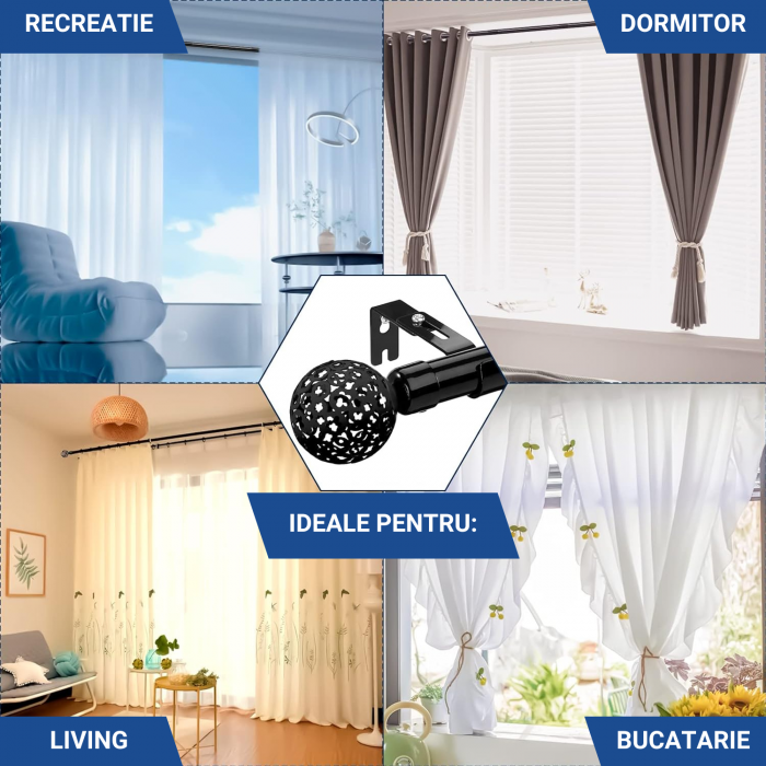 Galerie Metalica Extensibila pentru Perdele cu Inele, 76-221 cm, Bara de Perdele Neagra cu Finiale Decorative si Suporturi Reglabile [7]