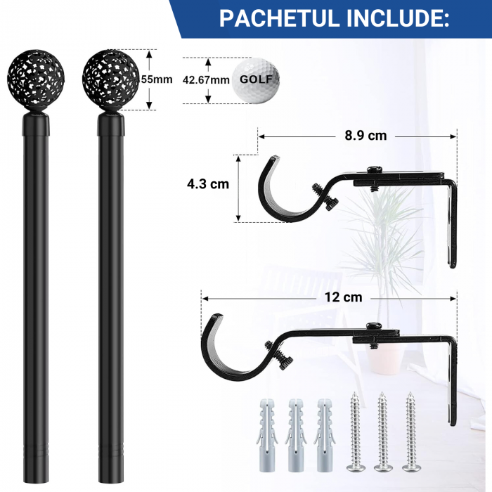 Galerie Metalica Extensibila pentru Perdele cu Inele, 76-293 cm, Bara de Perdele Neagra cu Finiale Decorative si Suporturi Reglabile [3]