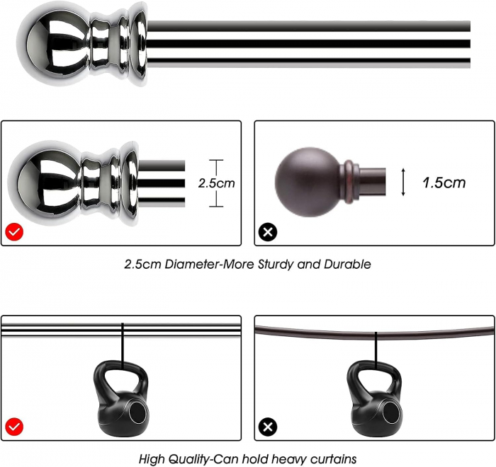 Galerie Metalica Extensibila pentru Perdele cu Inele, 76-295 cm, Bara de Perdele Argintie cu Finiale Rotunde si Suporturi Reglabile [5]