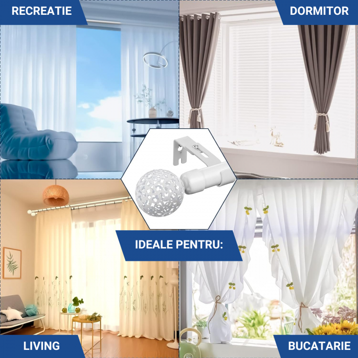 Galerie Metalica Extensibila pentru Perdele cu Inele, 76-365 cm, Bara de Perdele Alba cu Finiale Decorative si Suporturi Reglabile [5]