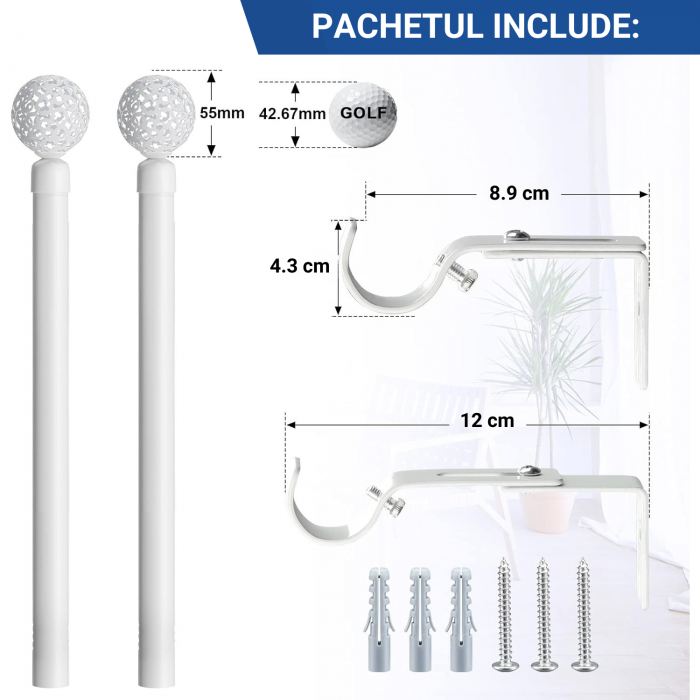 Galerie Metalica Extensibila pentru Perdele cu Inele, 76-365 cm, Bara de Perdele Alba cu Finiale Decorative si Suporturi Reglabile [4]