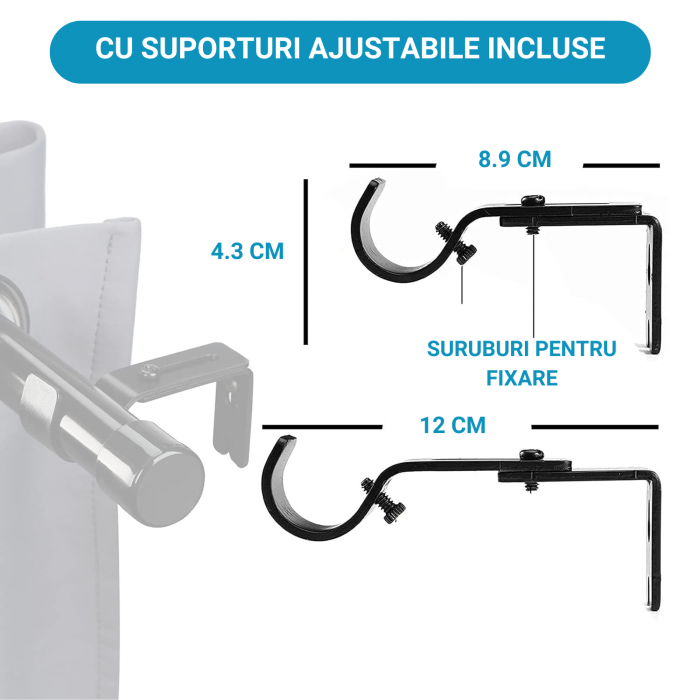 Galerie Metalica Extensibila pentru Perdele cu Inele, 76 cm, Diametru 2.5 cm, Bara de Perdele Argintiu cu Negru cu Finiale in Buton si Suporturi Reglabile [2]