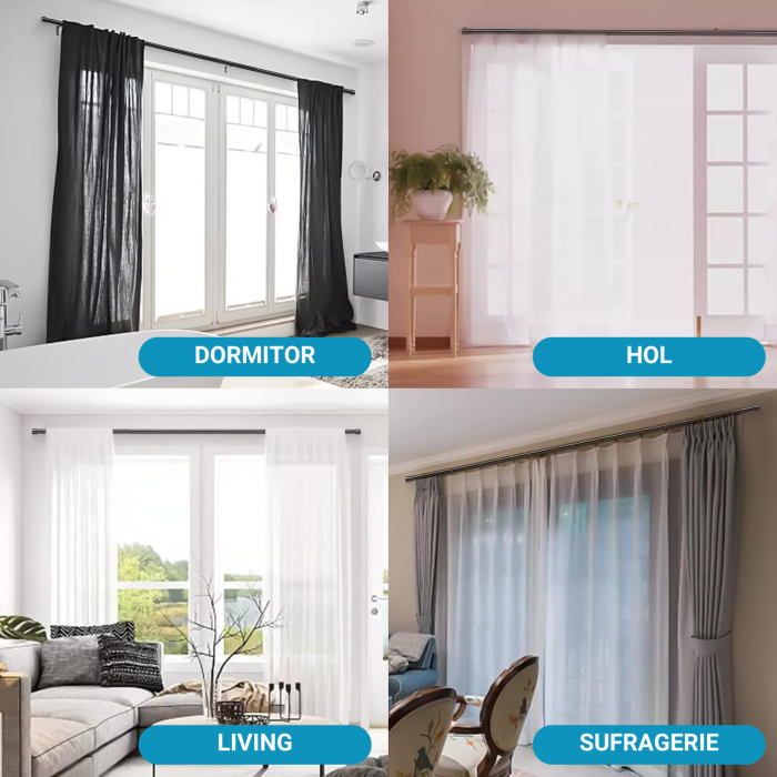 Galerie Metalica Extensibila pentru Perdele cu Inele, 76 cm, Diametru 2.5 cm, Bara de Perdele Argintiu cu Negru cu Finiale in Buton si Suporturi Reglabile [6]