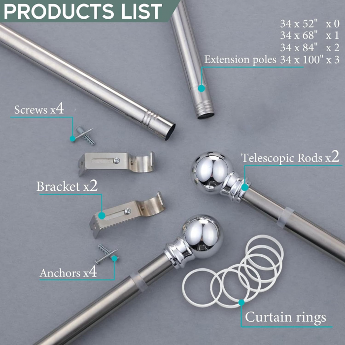 Galerie Metalica Extensibila pentru Perdele cu Inele, 86-213 cm, Bara de Perdele Argintie cu Finiale Decorative si Suporturi Reglabile [2]