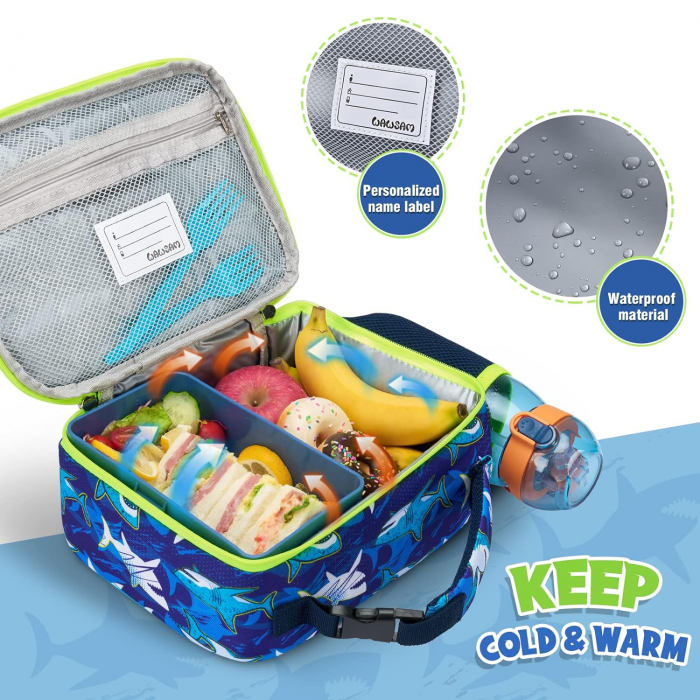 Geanta termoizolanta pentru alimente, ideala pentru copii, cu model rechini, 26x19x10 cm, ideala pentru scoala, excursii, calatorii sau antrenament, poate fi accesoriu pentru rucsac [6]