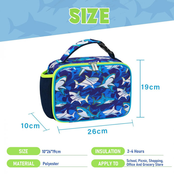 Geanta termoizolanta pentru alimente, ideala pentru copii, cu model rechini, 26x19x10 cm, ideala pentru scoala, excursii, calatorii sau antrenament, poate fi accesoriu pentru rucsac [2]
