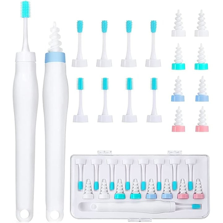Kit de curatare a urechilor cu 16 capete din silicon lavabil pentru intreaga familie, 8 capete spiralate si 8 capete de perie, alb/verde [1]