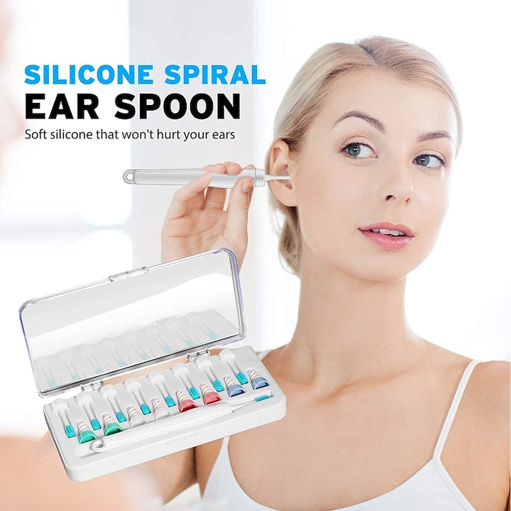Kit de curatare a urechilor cu 16 capete din silicon lavabil pentru intreaga familie, 8 capete spiralate si 8 capete de perie, alb/verde [5]