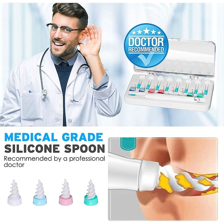 Kit de curatare a urechilor cu 16 capete din silicon lavabil pentru intreaga familie, 8 capete spiralate si 8 capete de perie, alb/verde [4]