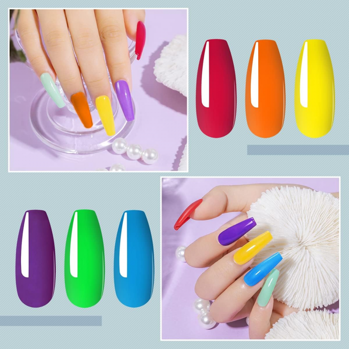 Kit Extensii Unghii cu Gel ROSALIND – 6 Culori, Set Complet cu Base Coat, Top Coat, Solutie Gel, Accesorii Nail Art si Sclipici [7]