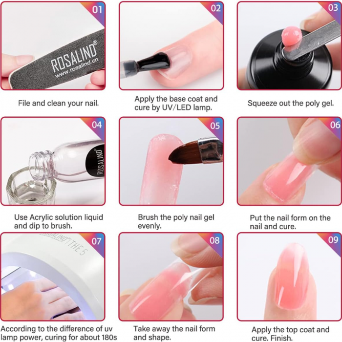 Kit Extensii Unghii cu Gel ROSALIND – 6 Culori, Set Complet cu Base Coat, Top Coat, Solutie Gel, Accesorii Nail Art si Sclipici [4]