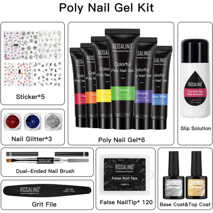 Kit Extensii Unghii cu Gel ROSALIND – 6 Culori, Set Complet cu Base Coat, Top Coat, Solutie Gel, Accesorii Nail Art si Sclipici [8]