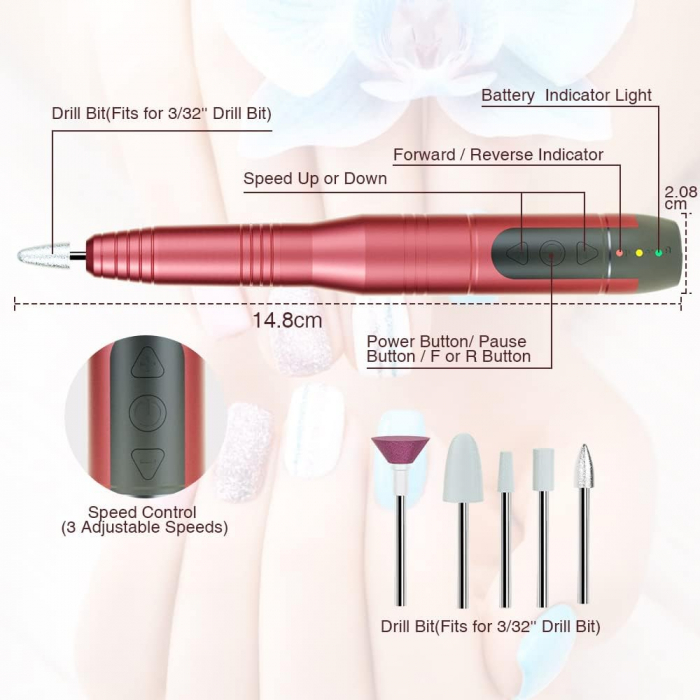Kit Pila Electrica Unghii Reincarcabila, 20000 RPM, Portabila si Fara Fir - Kit cu Freaza Ideal pentru Unghii Acrilice si Gel [3]