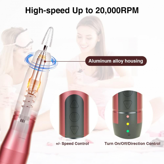 Kit Pila Electrica Unghii Reincarcabila, 20000 RPM, Portabila si Fara Fir - Kit cu Freaza Ideal pentru Unghii Acrilice si Gel [8]