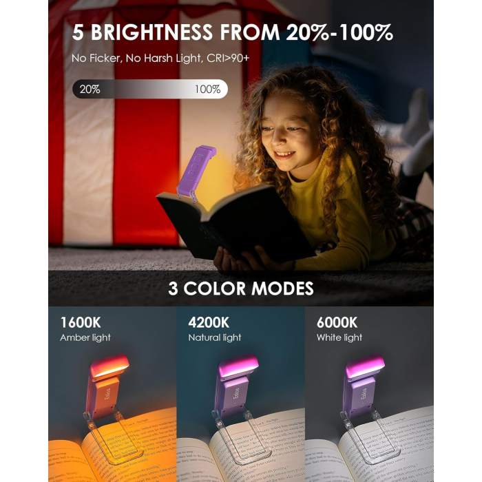 Lampa LED de citit cu atasare pe carte, 3 Moduri de Culoare, 5 Niveluri de Luminozitate, USB Reincarcabil si Autonomie de Pana la 80 de Ore cu Protectie pentru Ochii Tai [3]