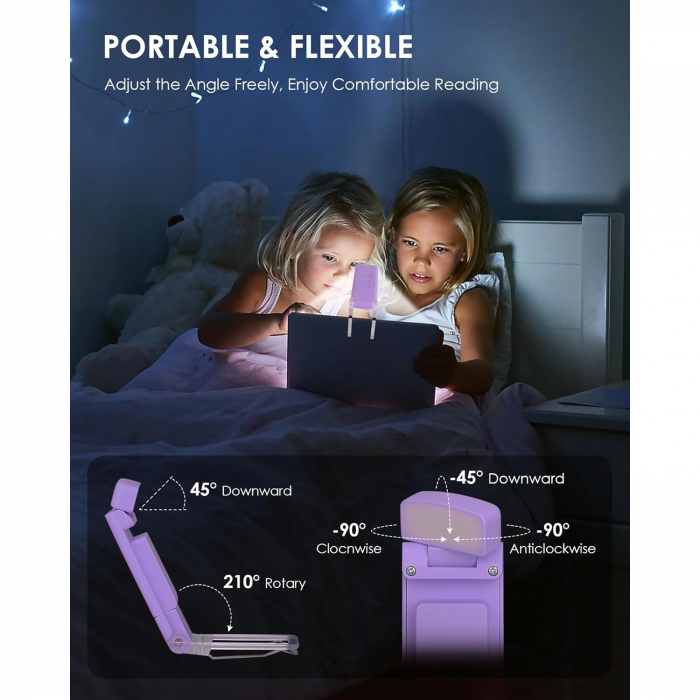 Lampa LED de citit cu atasare pe carte, 3 Moduri de Culoare, 5 Niveluri de Luminozitate, USB Reincarcabil si Autonomie de Pana la 80 de Ore cu Protectie pentru Ochii Tai [6]
