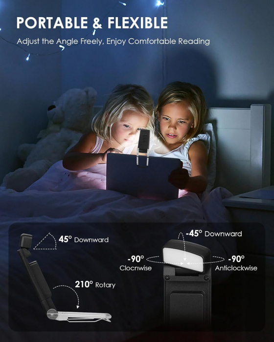 Lampa LED de citit cu atasare pe carte, 3 Moduri de Culoare, 5 Niveluri de Luminozitate, USB Reincarcabil si Autonomie de Pana la 80 de Ore cu Protectie pentru Ochii Tai, Negru [9]
