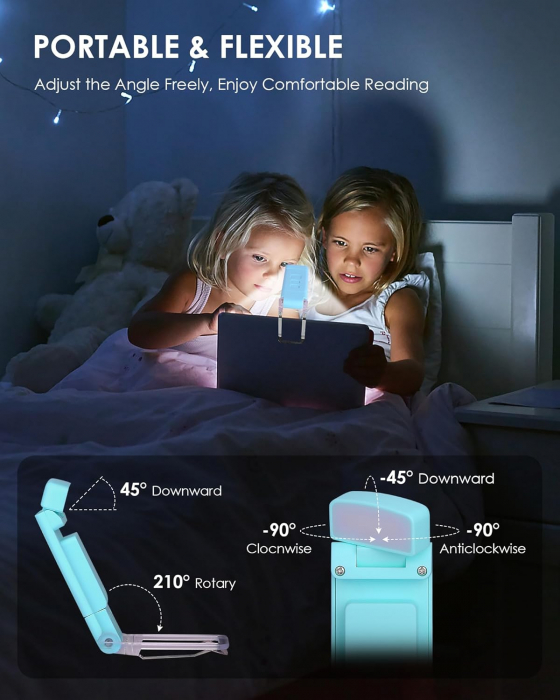 Lampa LED de citit cu atasare pe carte, 3 Moduri de Culoare, 5 Niveluri de Luminozitate, USB Reincarcabil si Autonomie de Pana la 80 de Ore cu Protectie pentru Ochii Tai, Turcoaz [10]