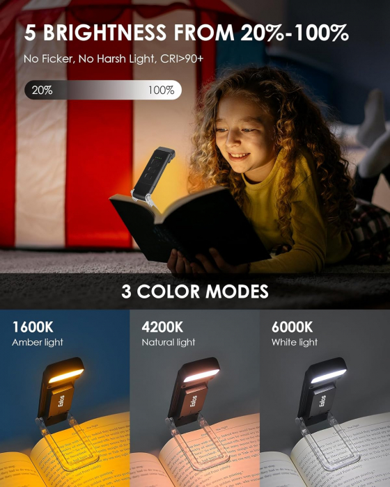 Lampa LED de citit cu atasare pe carte, 3 Moduri de Culoare, 5 Niveluri de Luminozitate, USB Reincarcabil si Autonomie de Pana la 80 de Ore cu Protectie pentru Ochii Tai, Negru [8]