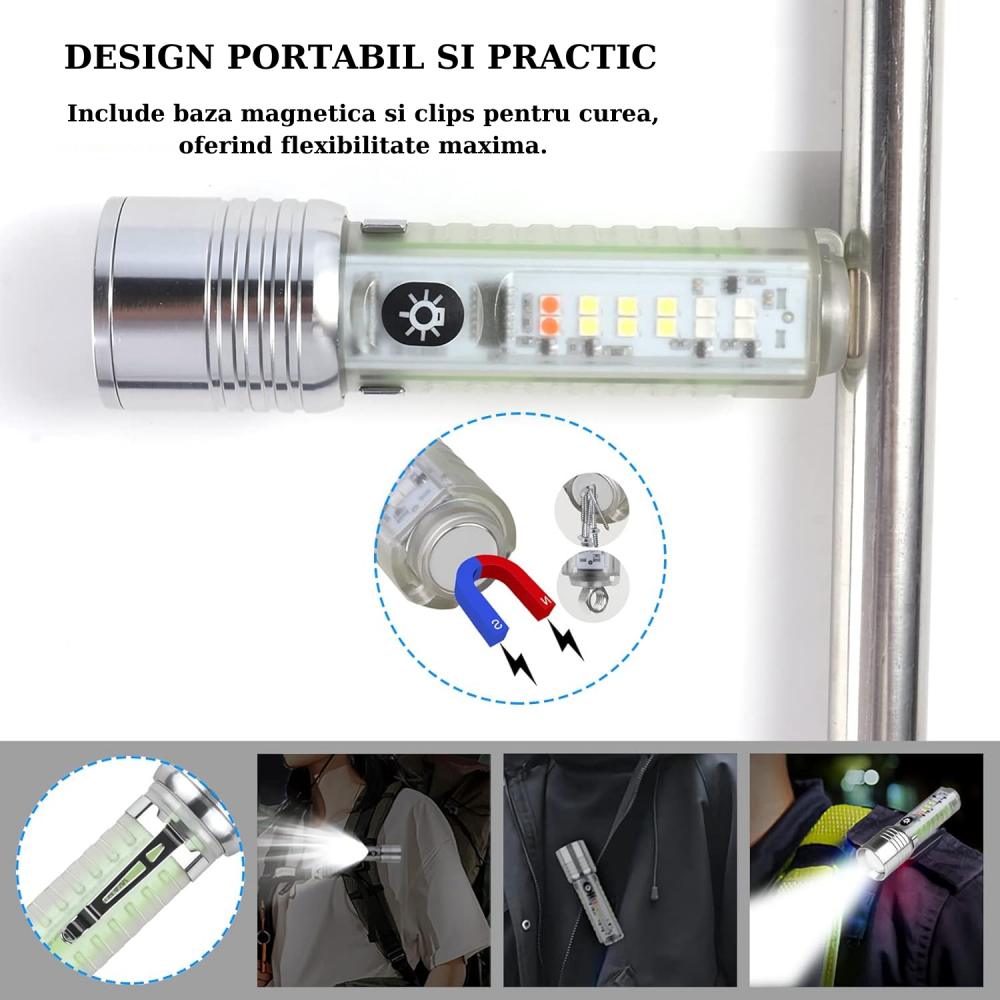Lanterna LED multifunctionala, reincarcabila, 8 moduri de iluminare, 500 lumeni, carcasa fluorescenta cu zoom, rezistenta la apa, pentru camping, drumetii, pescuit, aer liber, urgenta [5]