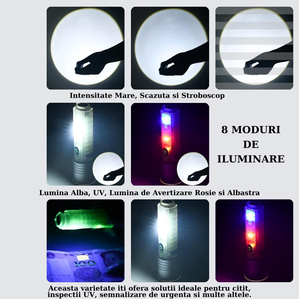 Lanterna LED multifunctionala, reincarcabila, 8 moduri de iluminare, 500 lumeni, carcasa fluorescenta cu zoom, rezistenta la apa, pentru camping, drumetii, pescuit, aer liber, urgenta [4]