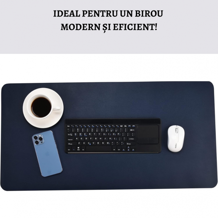 Mousepad tip Covoras Birou Dublu Fata - Protectie Impermeabila din Piele PU si Pluta Ecologica, 80x40cm, Albastru marin [6]