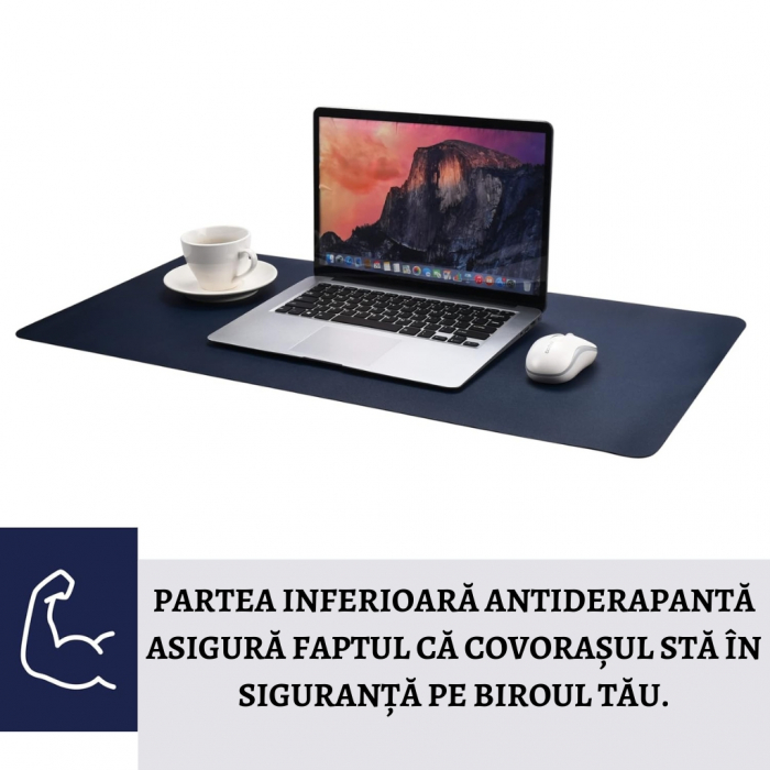 Mousepad tip Covoras Birou Dublu Fata - Protectie Impermeabila din Piele PU si Pluta Ecologica, 80x40cm, Albastru marin [7]