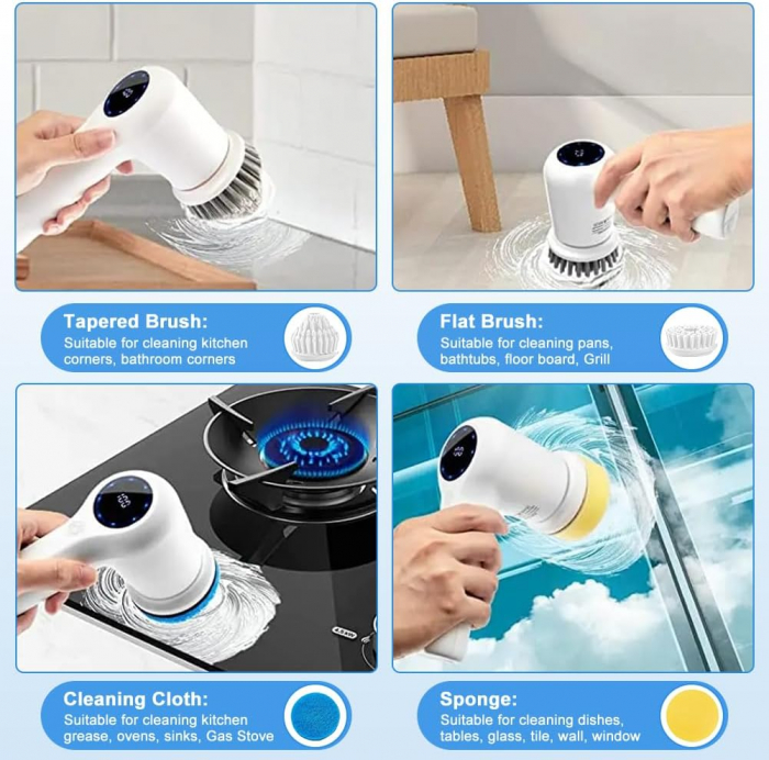 Perie Electrica de Curatat, Rotativa, Fara Fir, Aparat Reincarcabil cu 5 Capete Interschimbabile si 2 Viteze de Rotatie, Ideal pentru Cada, Gresie, Podele si Ferestre [2]