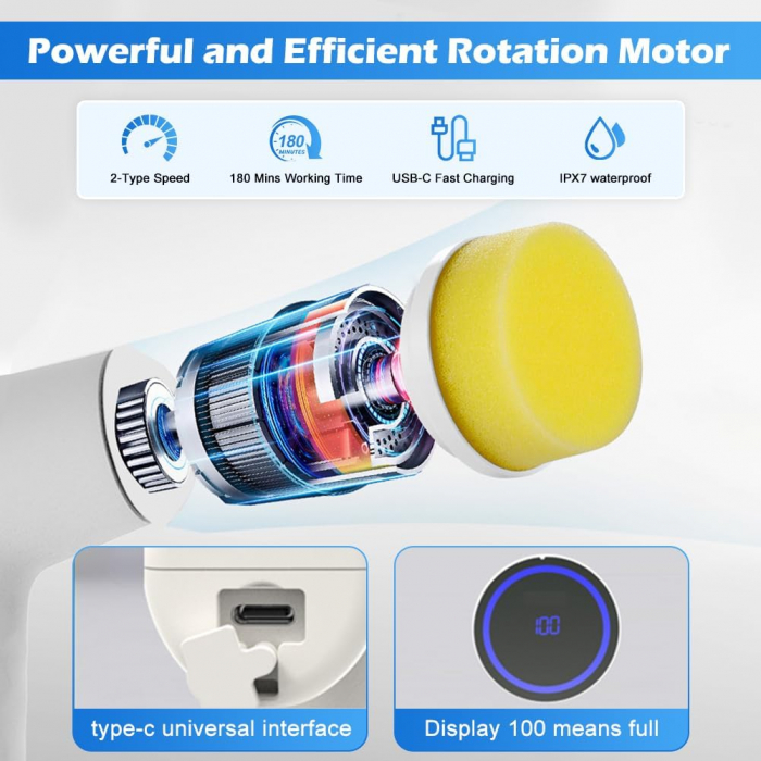Perie Electrica de Curatat, Rotativa, Fara Fir, Aparat Reincarcabil cu 5 Capete Interschimbabile si 2 Viteze de Rotatie, Ideal pentru Cada, Gresie, Podele si Ferestre [3]