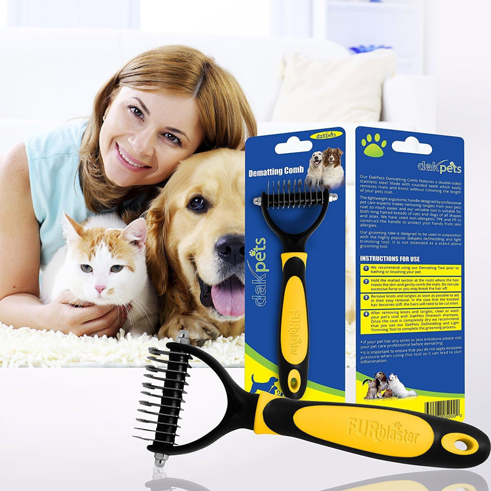 Perie Profesionala pentru Descurcarea Blanii - Instrument Complet de Grooming tip Pieptene pentru Caini si Pisici cu Piele Sensibila, Par Mediu sau Lung Galben [4]
