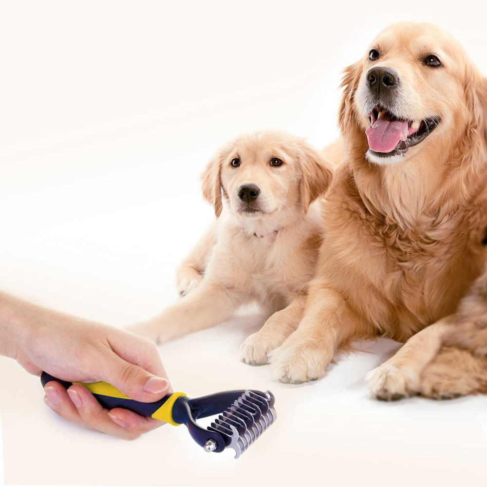 Perie Profesionala pentru Descurcarea Blanii - Instrument Complet de Grooming tip Pieptene pentru Caini si Pisici cu Piele Sensibila, Par Mediu sau Lung Galben [2]