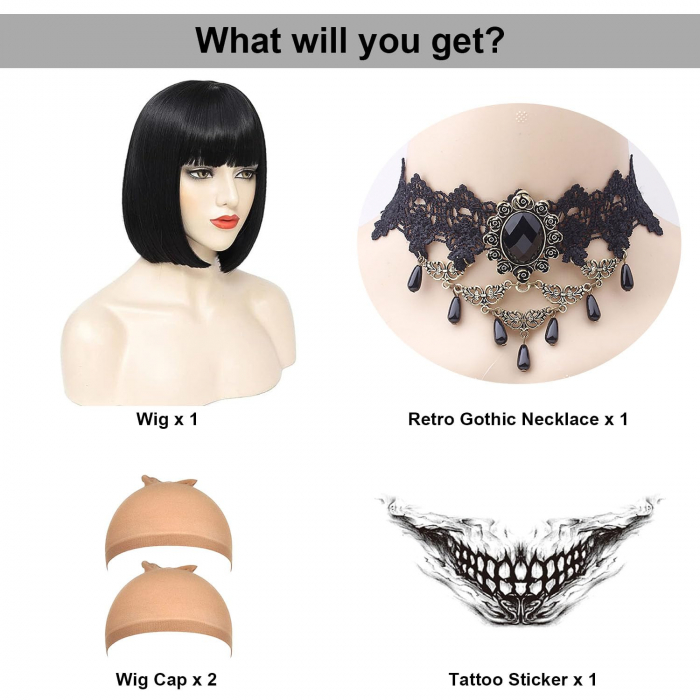 Peruca Bruneta Cosplay pentru Femei, Stil Gotic, Tunsoare Bob cu Breton, Ideala pentru Carnaval si Halloween [4]