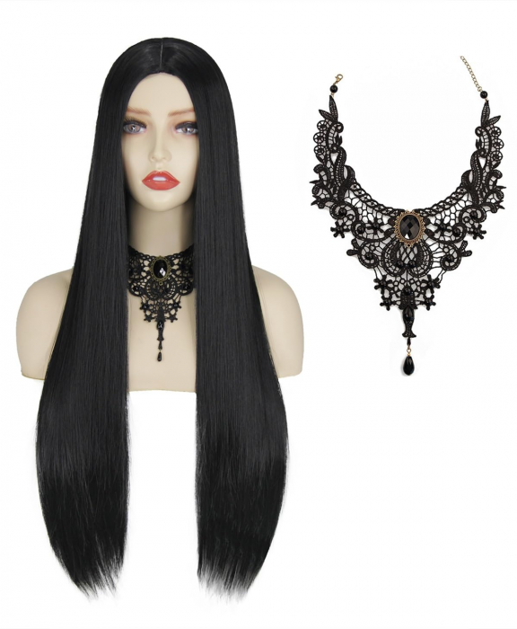 Peruca Bruneta Cosplay pentru Femei, Stil Morticia Familia Addams, Ideala pentru Carnaval si Halloween [7]