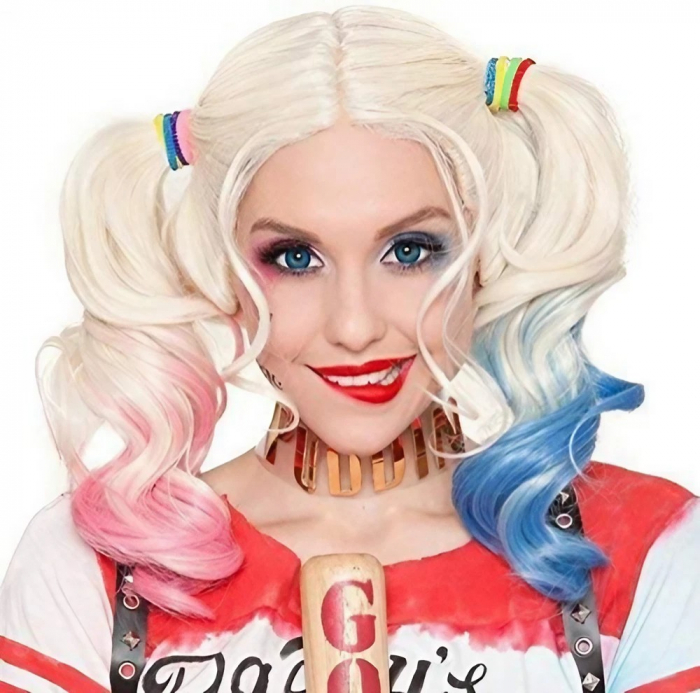 Peruca Cosplay Blonda pentru Femei, Stil Harley Quinn, Bicolor Roz si Albastru, Ideala pentru Carnaval si Halloween [1]