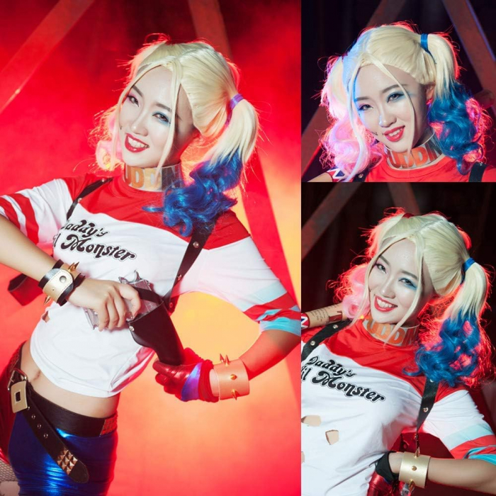 Peruca Cosplay Blonda pentru Femei, Stil Harley Quinn, Bicolor Roz si Albastru, Ideala pentru Carnaval si Halloween [2]