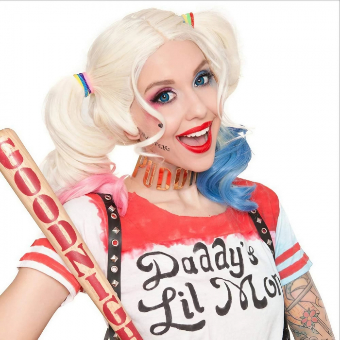 Peruca Cosplay Blonda pentru Femei, Stil Harley Quinn, Bicolor Roz si Albastru, Ideala pentru Carnaval si Halloween [5]