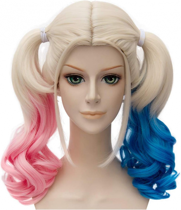 Peruca Cosplay Blonda pentru Femei, Stil Harley Quinn, Bicolor Roz si Albastru, Ideala pentru Carnaval si Halloween [4]