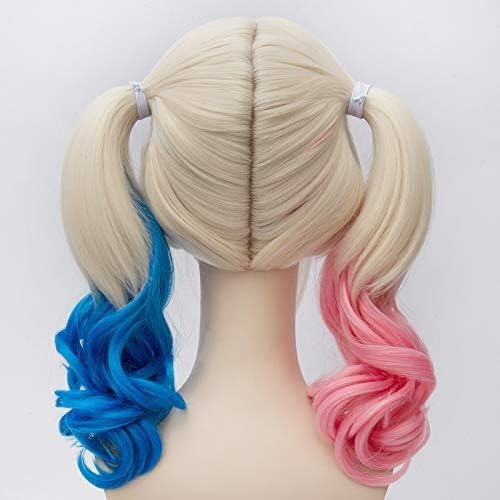 Peruca Cosplay Blonda pentru Femei, Stil Harley Quinn, Bicolor Roz si Albastru, Ideala pentru Carnaval si Halloween [3]