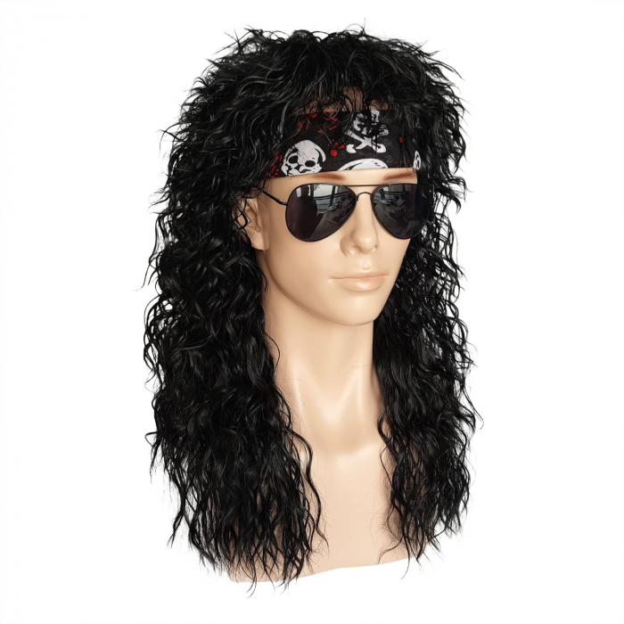 Peruca Neagra cu Bucle Stil Anii '70-'80, Set Complet pentru Petrecere: Bandana, Manusi, Maneci, Ochelari – Ideal pentru Halloween sau Bal Mascat! [6]