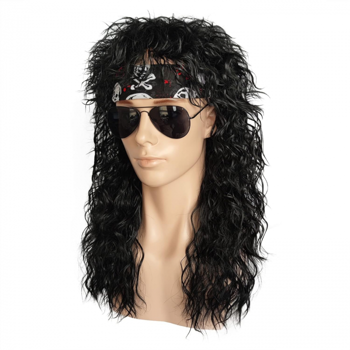 Peruca Neagra cu Bucle Stil Anii '70-'80, Set Complet pentru Petrecere: Bandana, Manusi, Maneci, Ochelari – Ideal pentru Halloween sau Bal Mascat! [5]